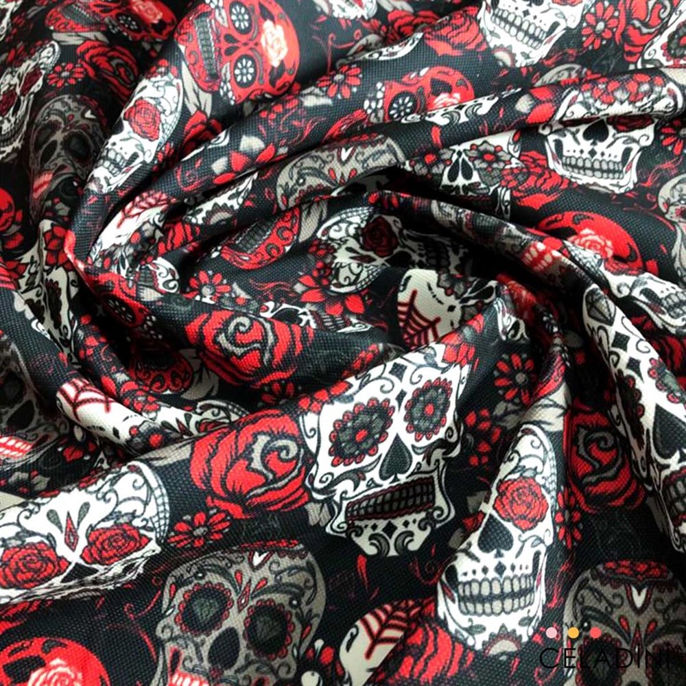 Gri Kırmızı Skullcandy Pop Art Desenli Kumaş