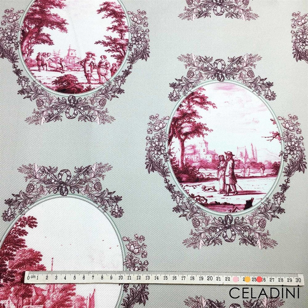 Gri-Vişne Toile de Jouy Desenli Kumaş