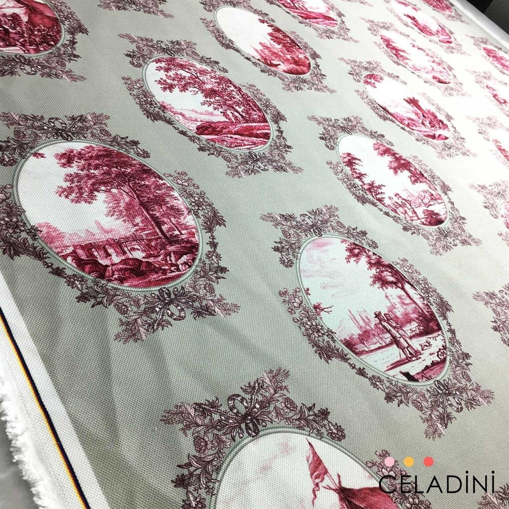Gri-Vişne Toile de Jouy Desenli Kumaş