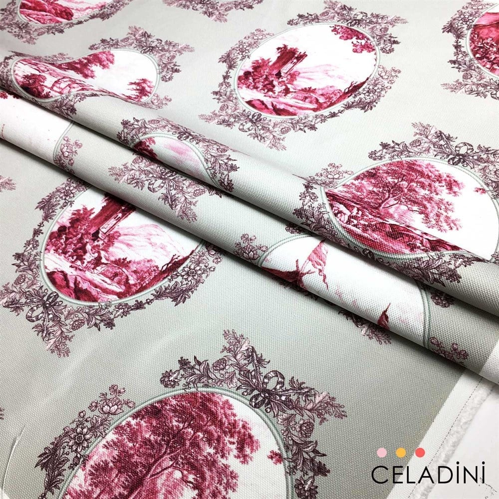 Gri-Vişne Toile de Jouy Desenli Kumaş