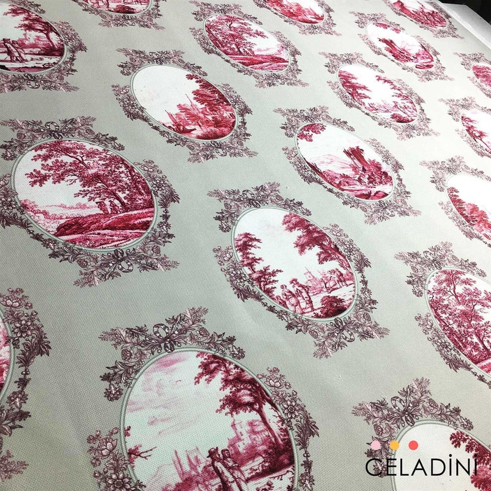 Gri-Vişne Toile de Jouy Desenli Kumaş