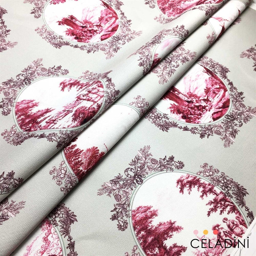 Gri-Vişne Toile de Jouy Desenli Kumaş