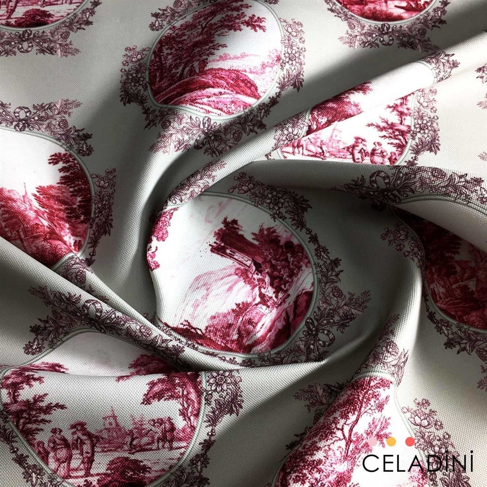 Gri-Vişne Toile de Jouy Desenli Kumaş