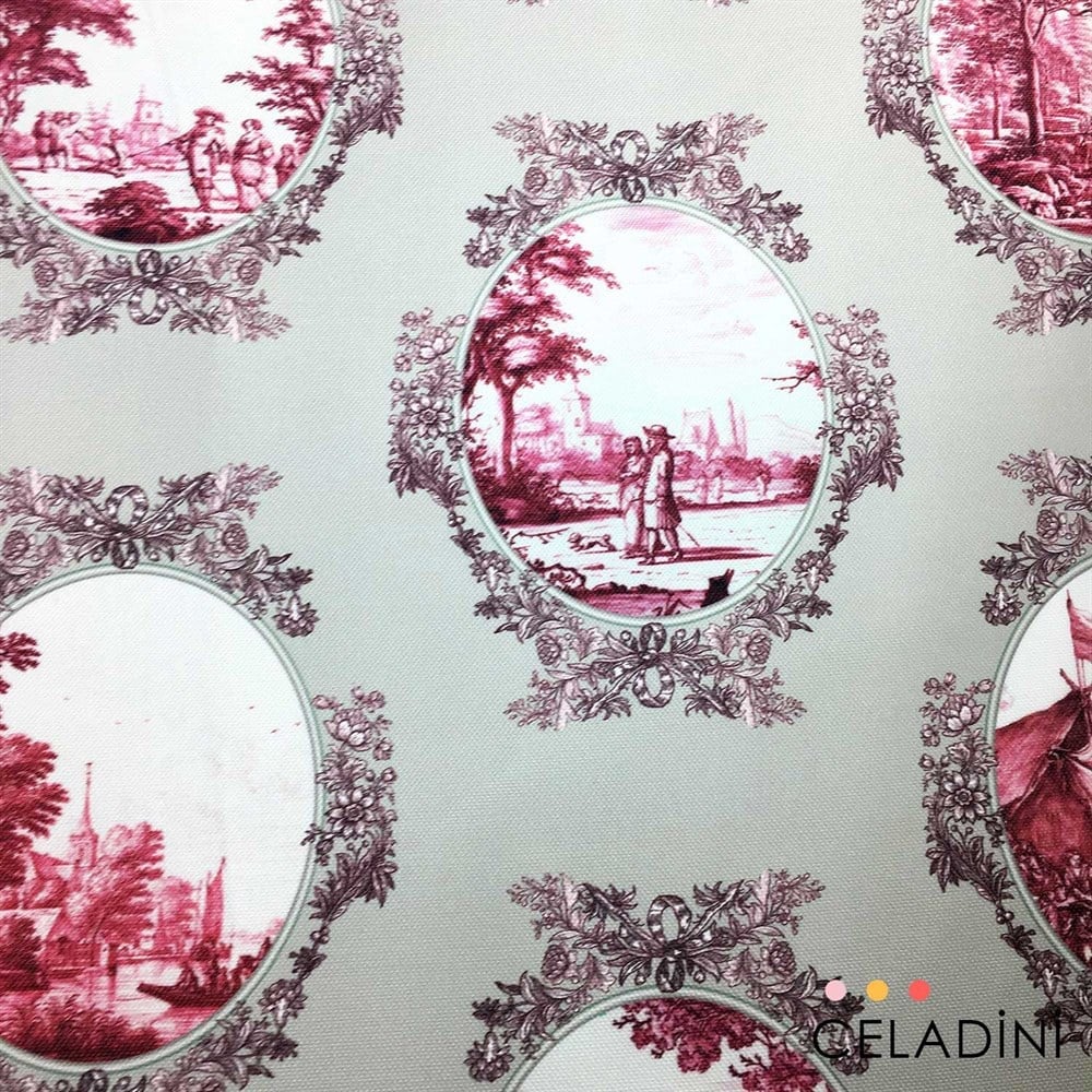 Gri-Vişne Toile de Jouy Desenli Kumaş