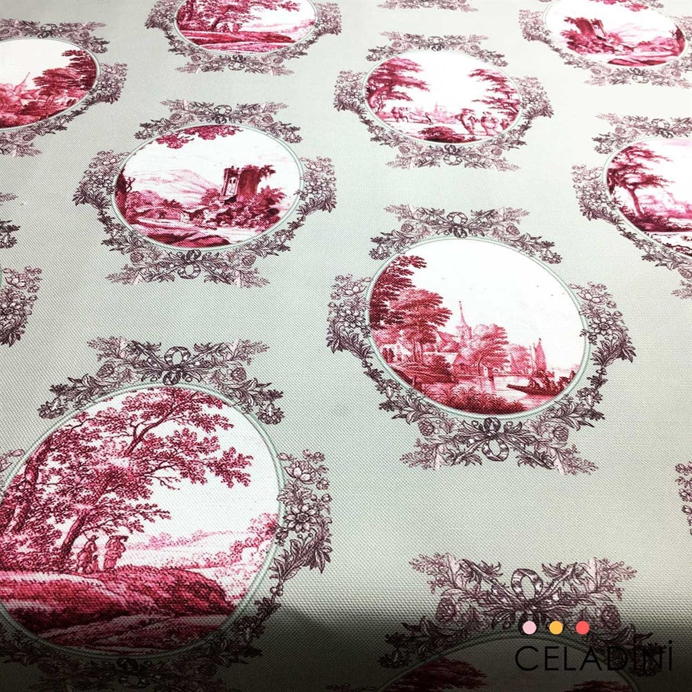Gri-Vişne Toile de Jouy Desenli Kumaş