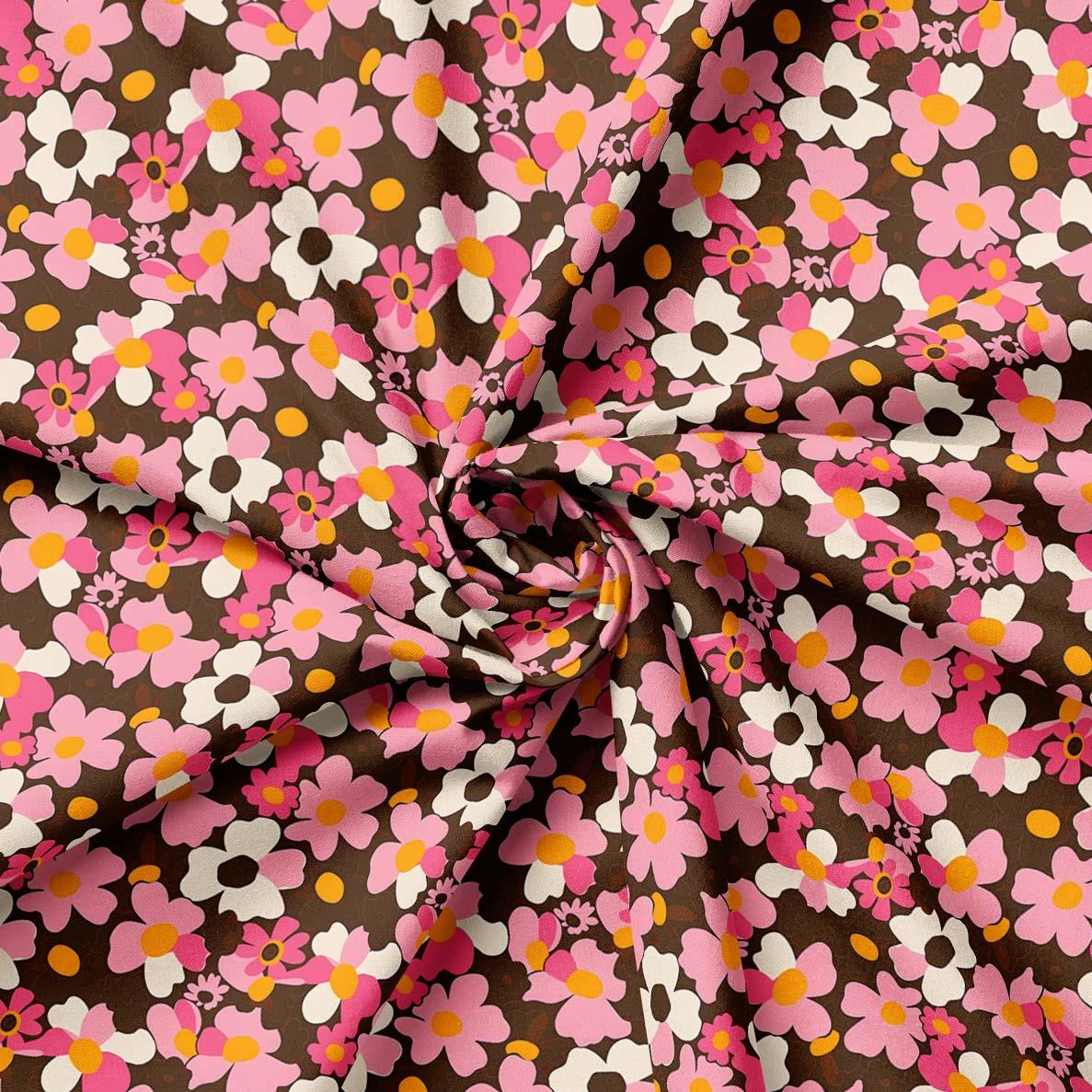 Kahve Pembe Retro Çiçekli Kumaş