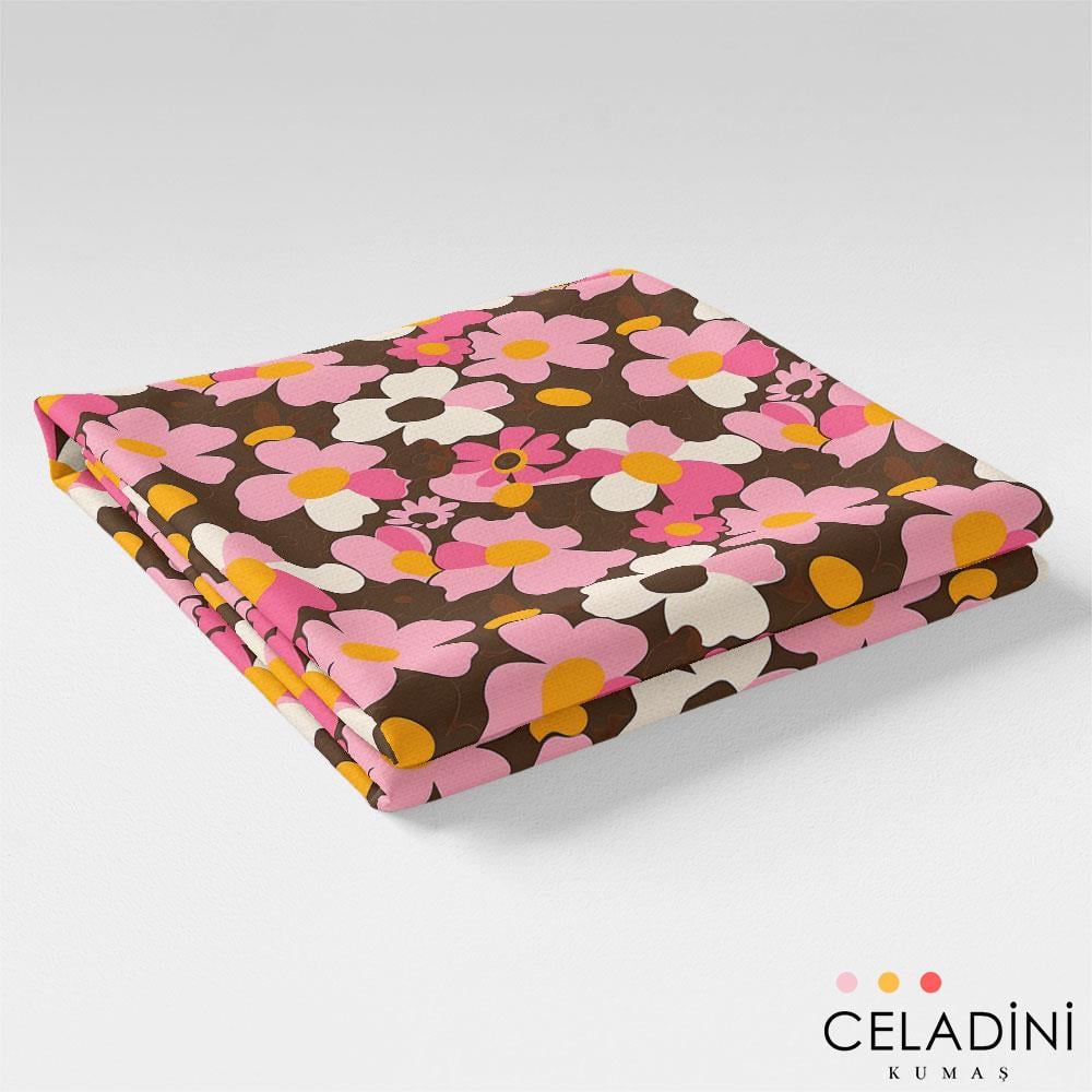 Kahve Pembe Retro Çiçekli Kumaş