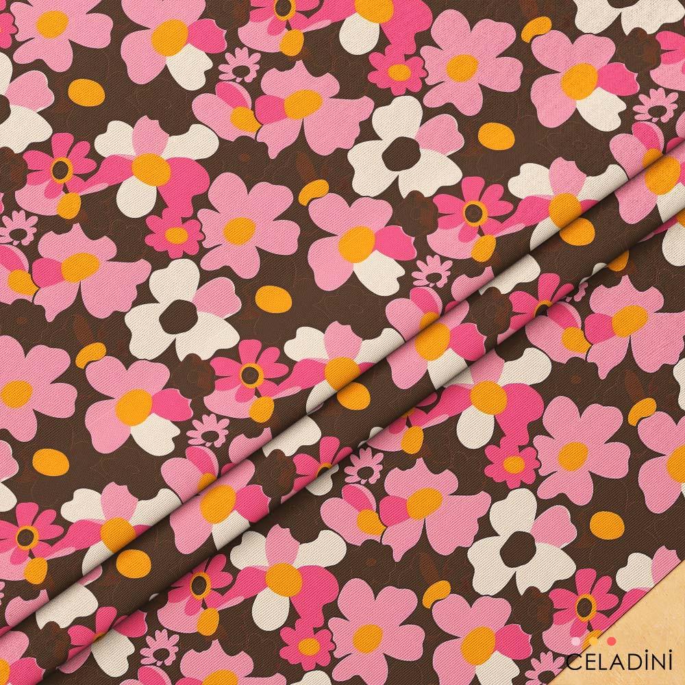 Kahve Pembe Retro Çiçekli Kumaş