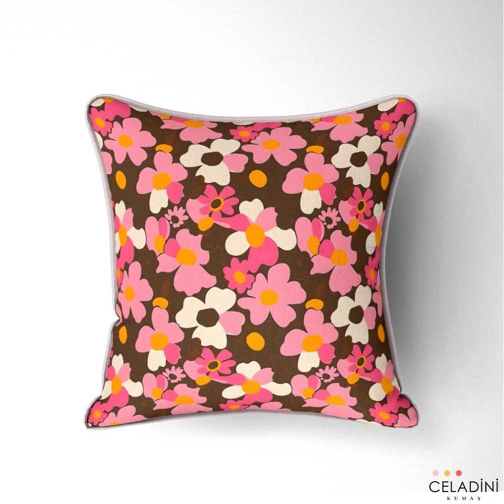 Kahve Pembe Retro Çiçekli Kumaş