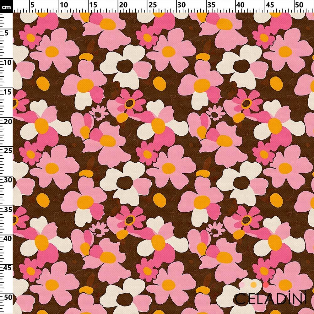 Kahve Pembe Retro Çiçekli Kumaş
