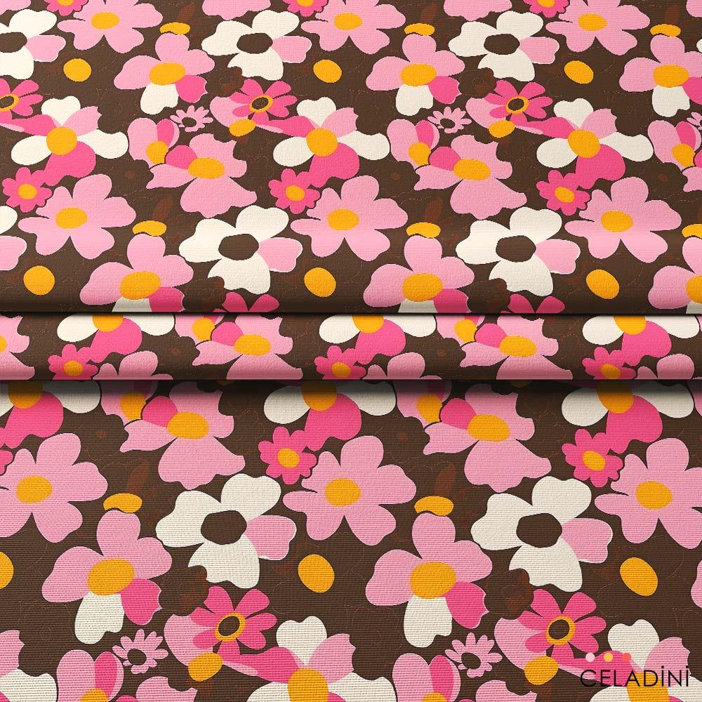 Kahve Pembe Retro Çiçekli Kumaş