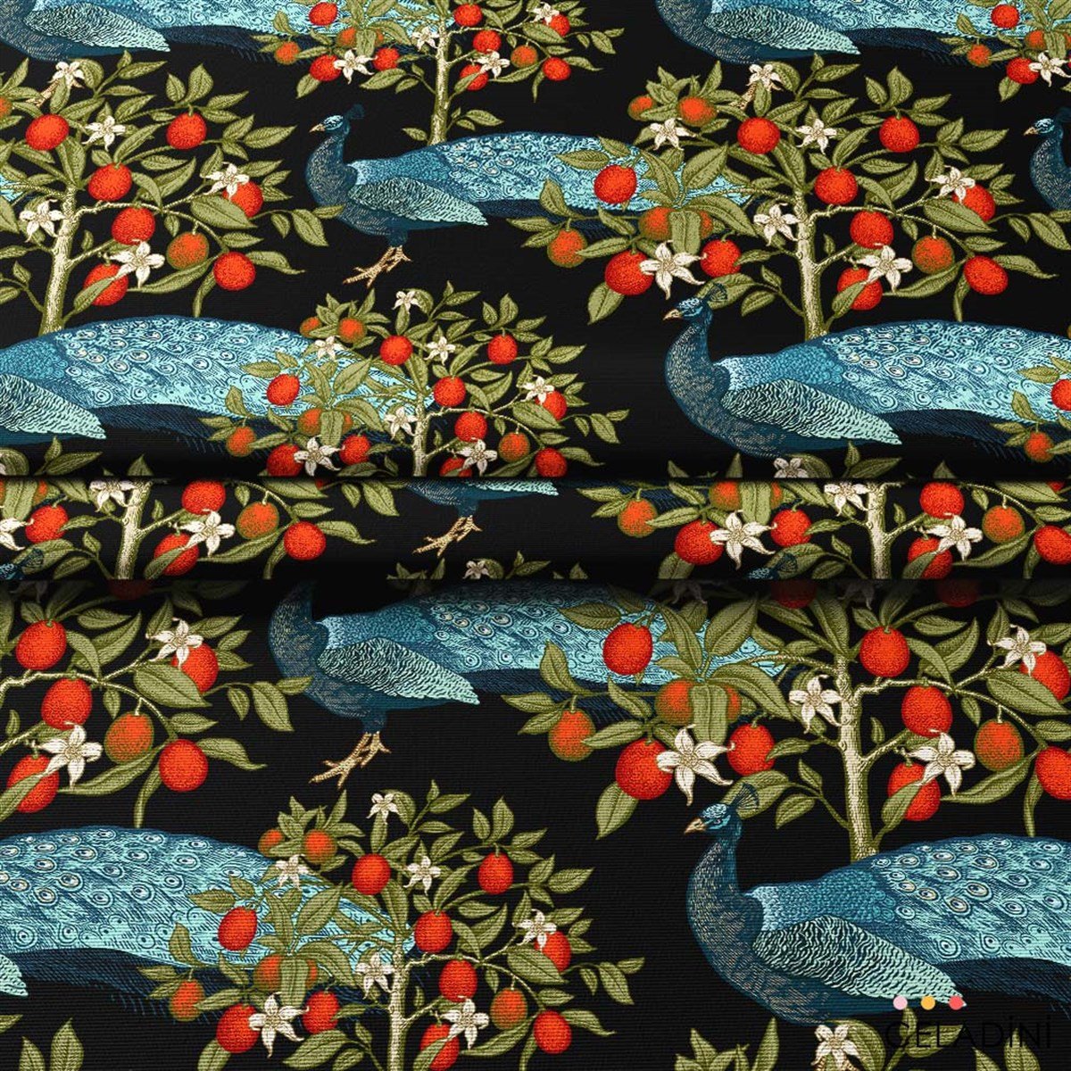 Kamkat Tavuskuşu Vintage Desenli Kumaş (Siyah)