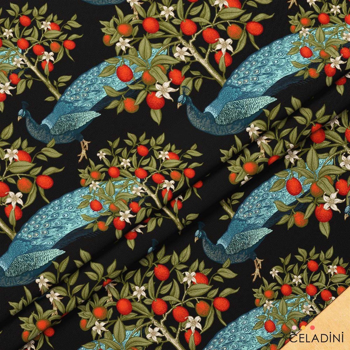 Kamkat Tavuskuşu Vintage Desenli Kumaş (Siyah)