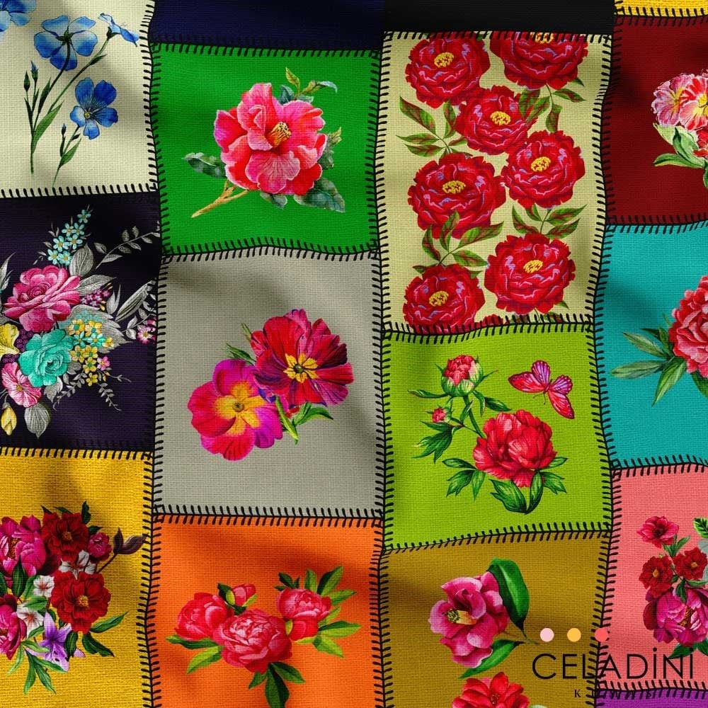 Kanaviçe Patchwork Desenli Kumaş
