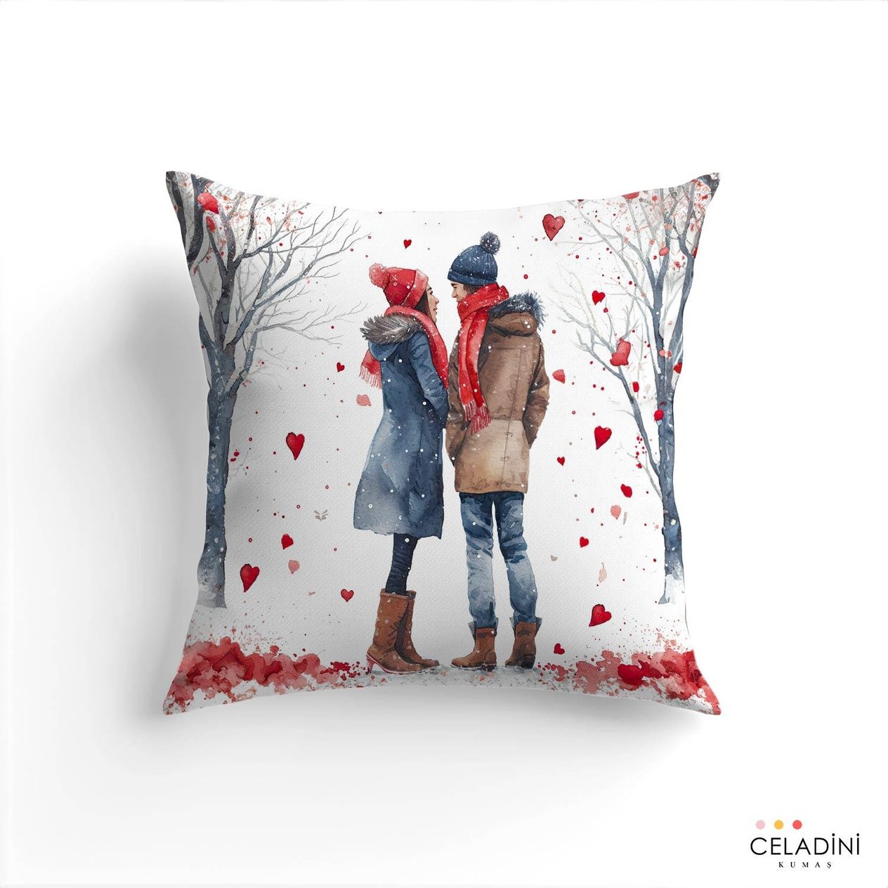 Kar Temalı Sevgililer Günü Kırlent Kumaşı (Model-4)