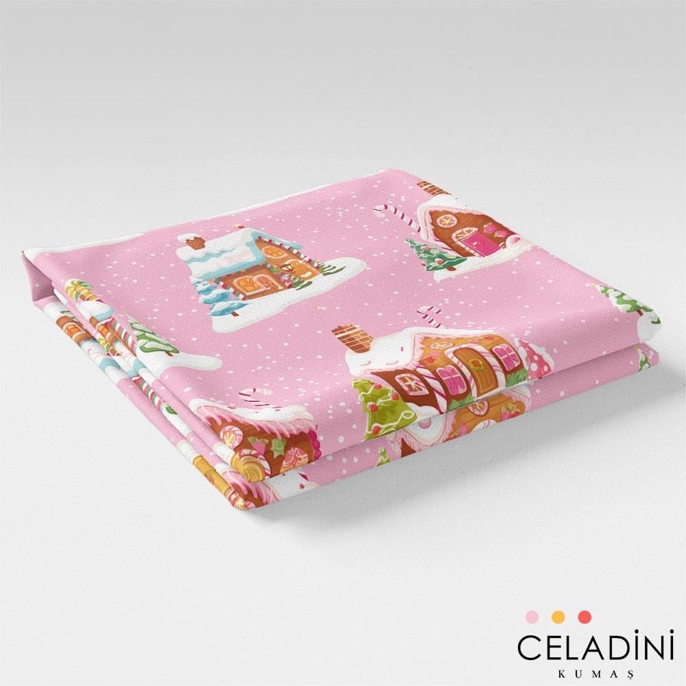 Karlı Şekerden Evler Desenli Kumaş (Pembe)