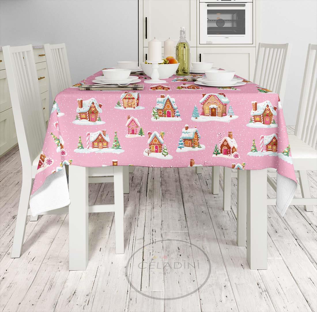 Karlı Şekerden Evler Desenli Kumaş (Pembe)