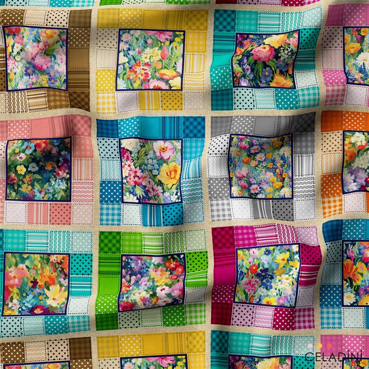 Kırkyama Patchwork Desenli Kumaş (Açık Zemin)