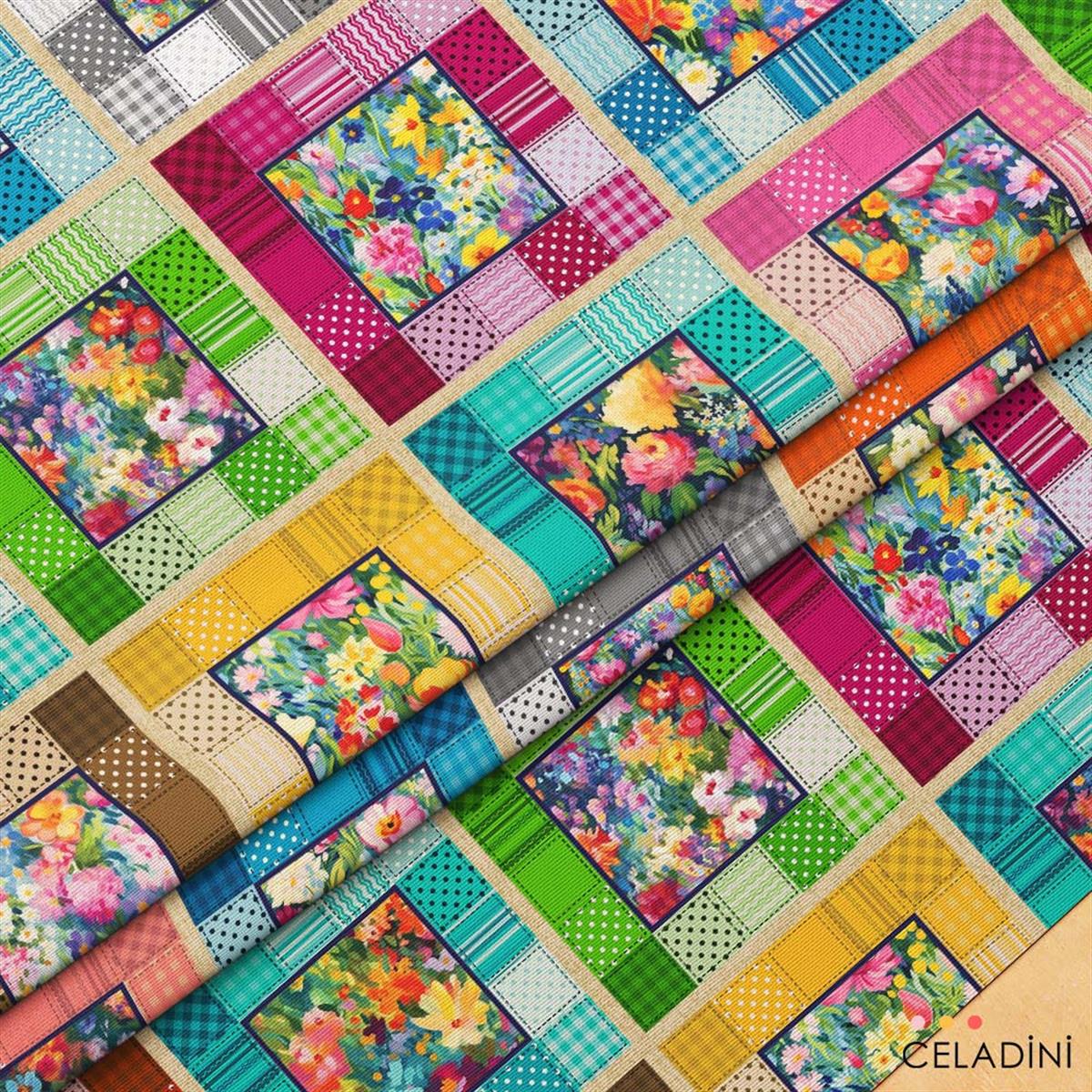 Kırkyama Patchwork Desenli Kumaş (Açık Zemin)