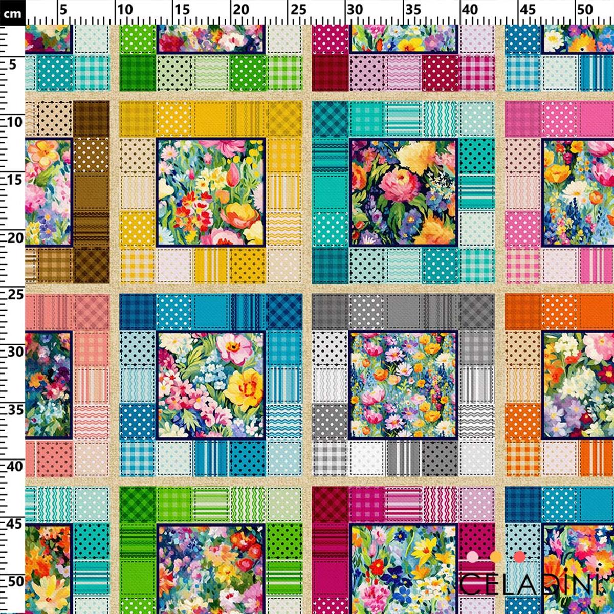 Kırkyama Patchwork Desenli Kumaş (Açık Zemin)