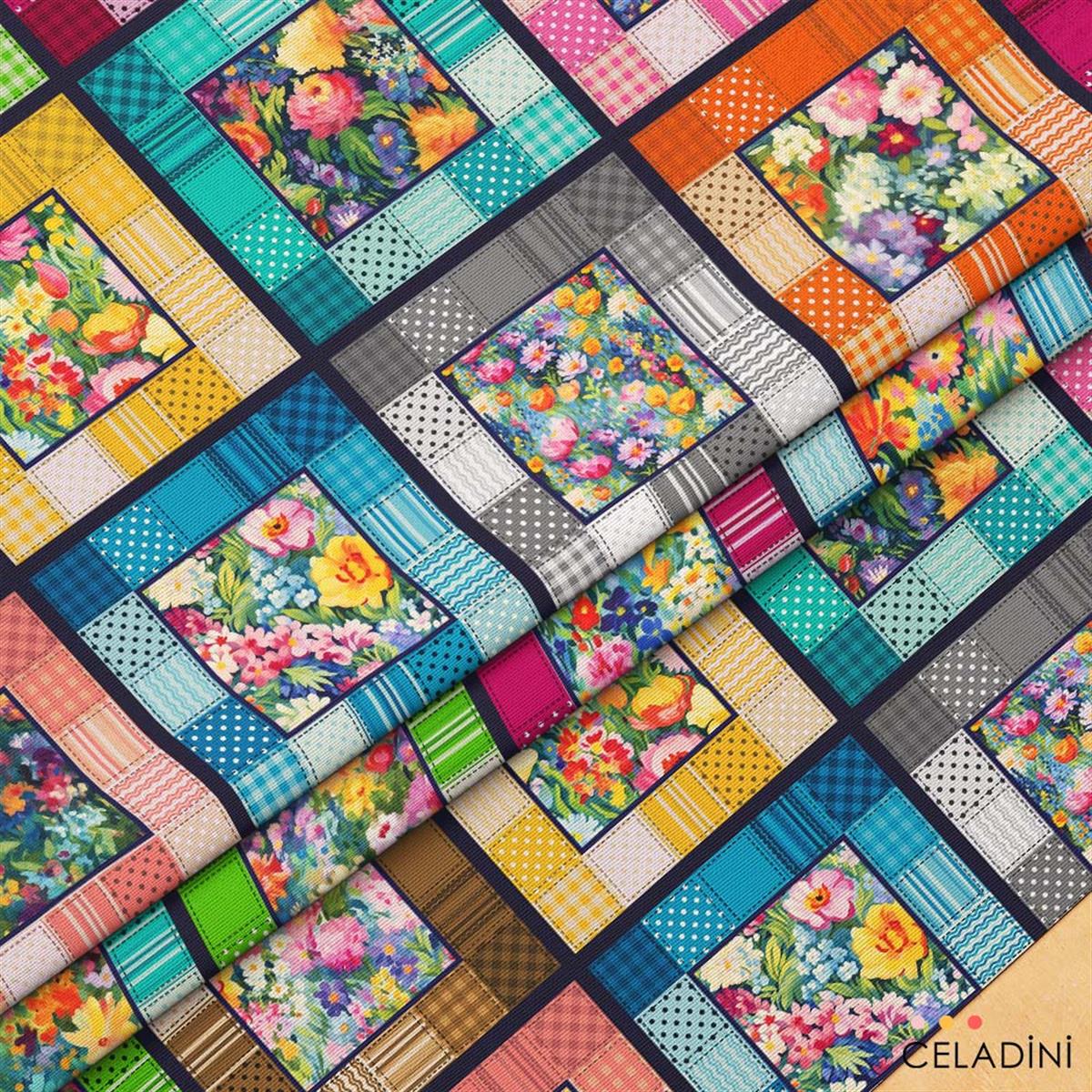 Kırkyama Patchwork Desenli Kumaş (Koyu Zemin)