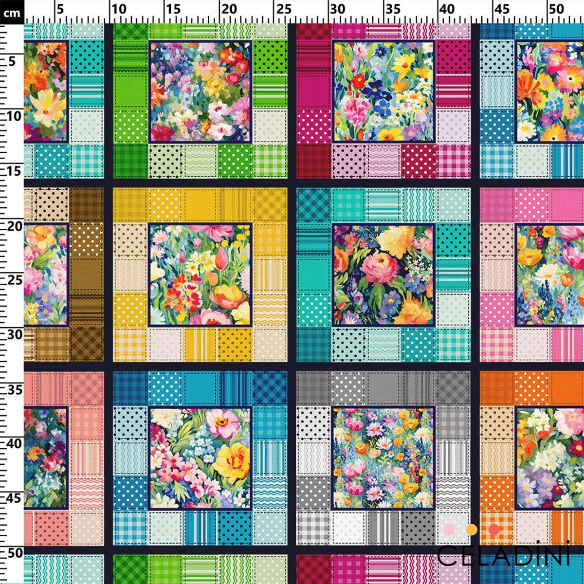 Kırkyama Patchwork Desenli Kumaş (Koyu Zemin)
