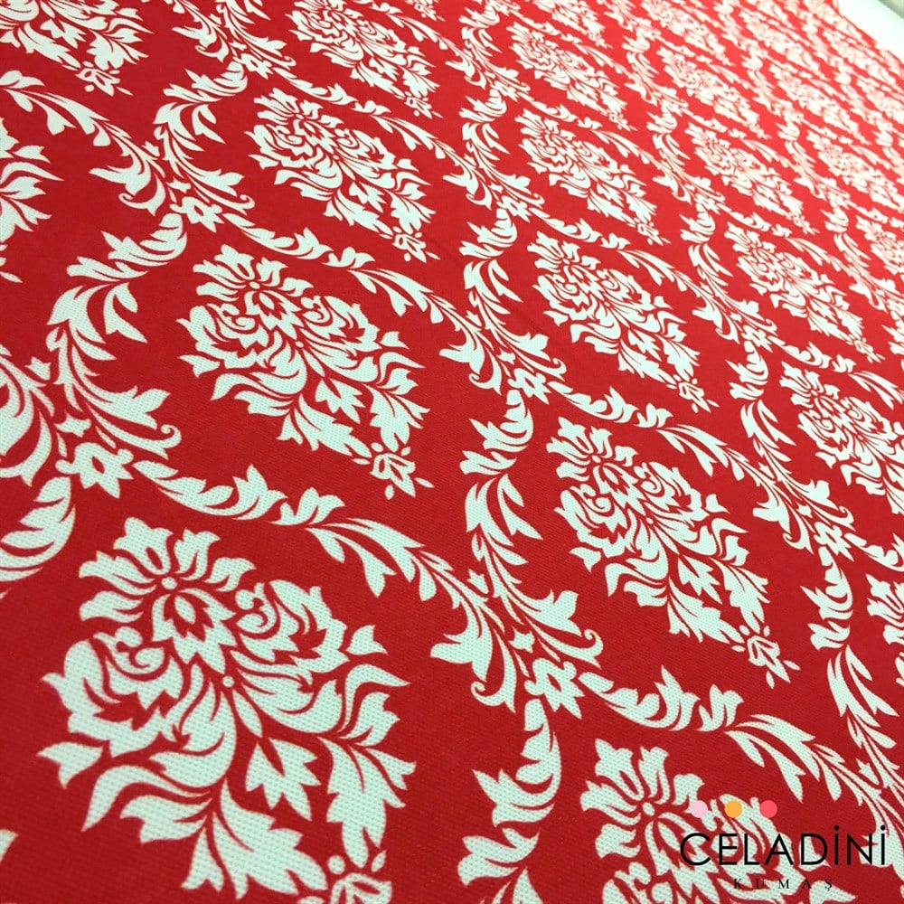 Kırmızı Beyaz Büyük Damask Desenli Kumaş