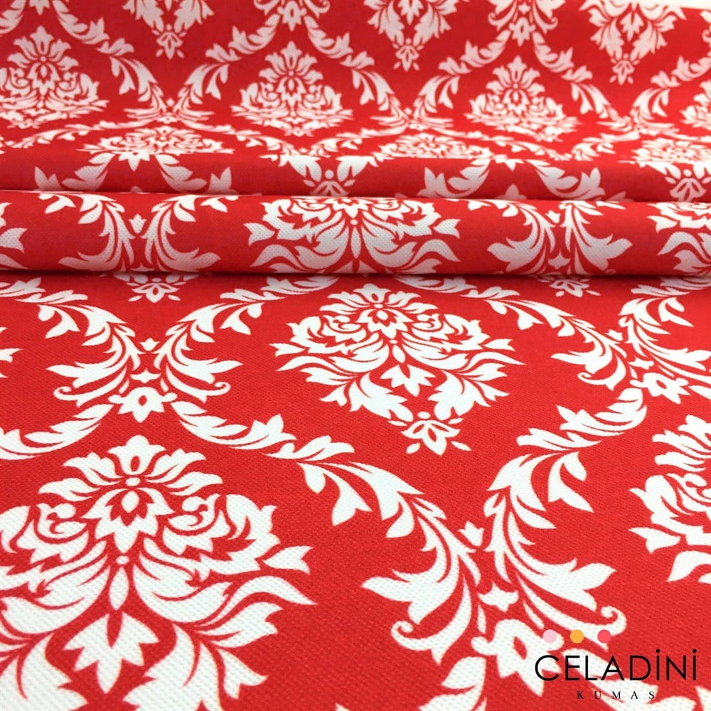 Kırmızı Beyaz Büyük Damask Desenli Kumaş