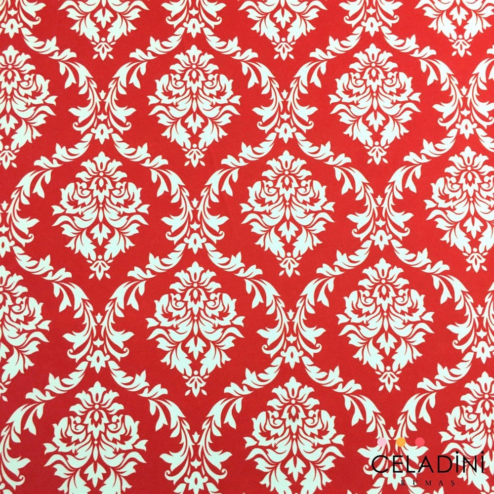 Kırmızı Beyaz Büyük Damask Desenli Kumaş