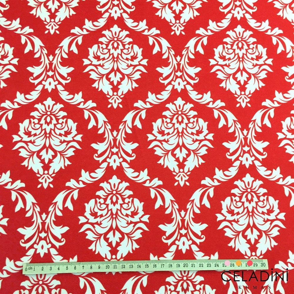 Kırmızı Beyaz Büyük Damask Desenli Kumaş