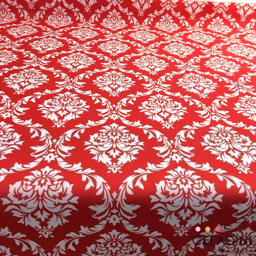 Kırmızı Beyaz Büyük Damask Desenli Kumaş