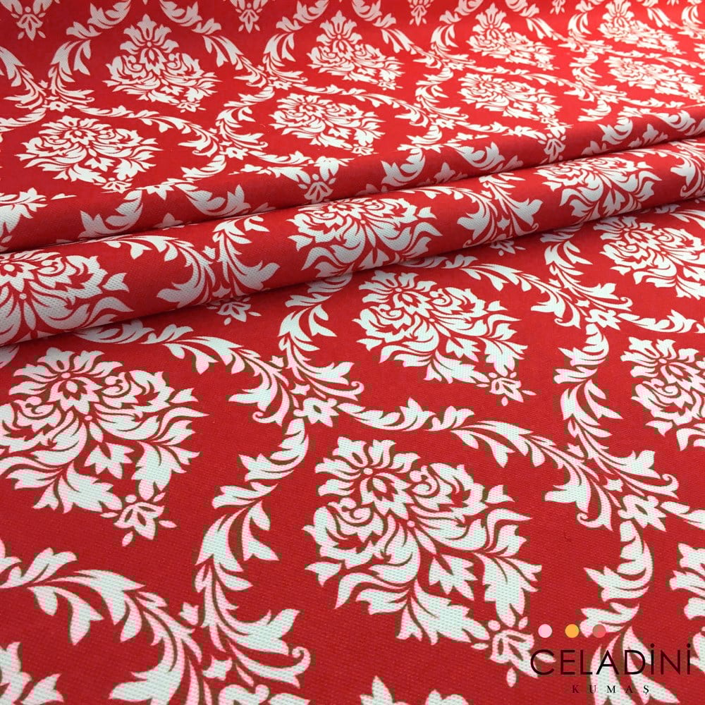 Kırmızı Beyaz Büyük Damask Desenli Kumaş