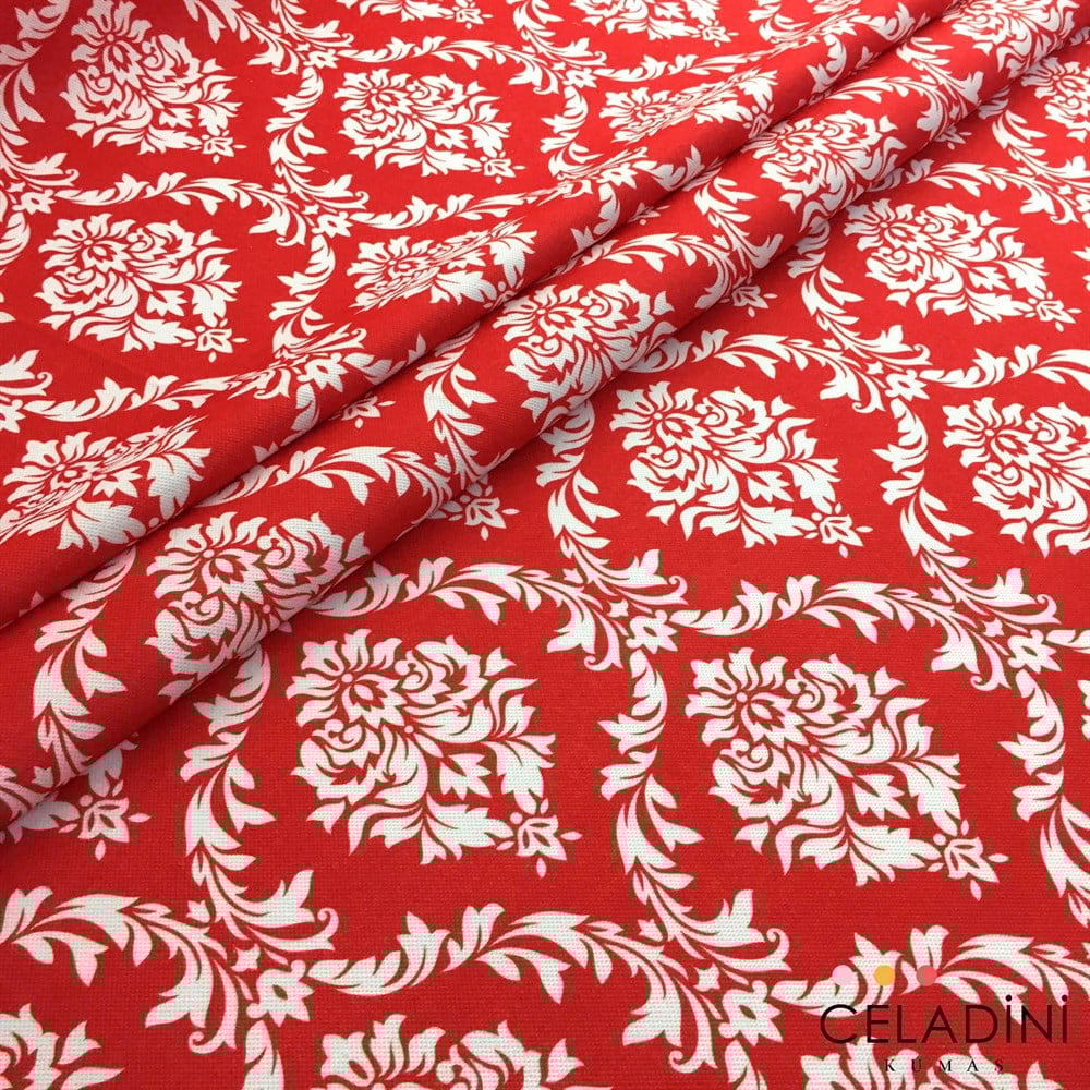 Kırmızı Beyaz Büyük Damask Desenli Kumaş