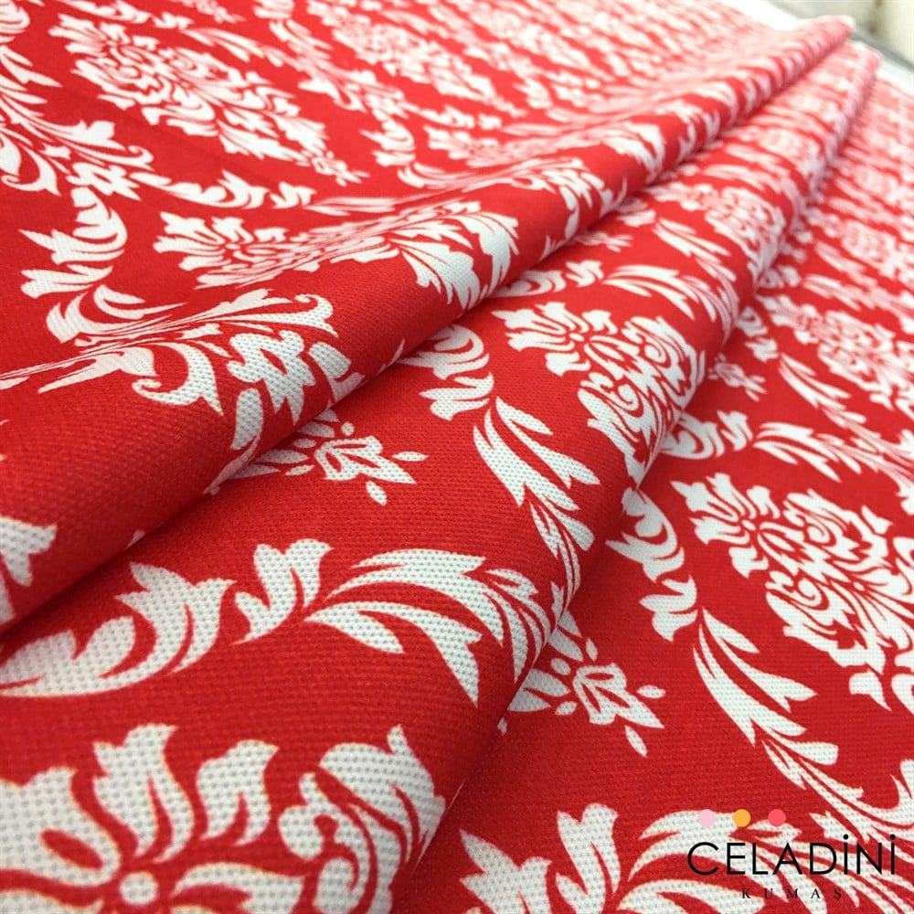 Kırmızı Beyaz Büyük Damask Desenli Kumaş