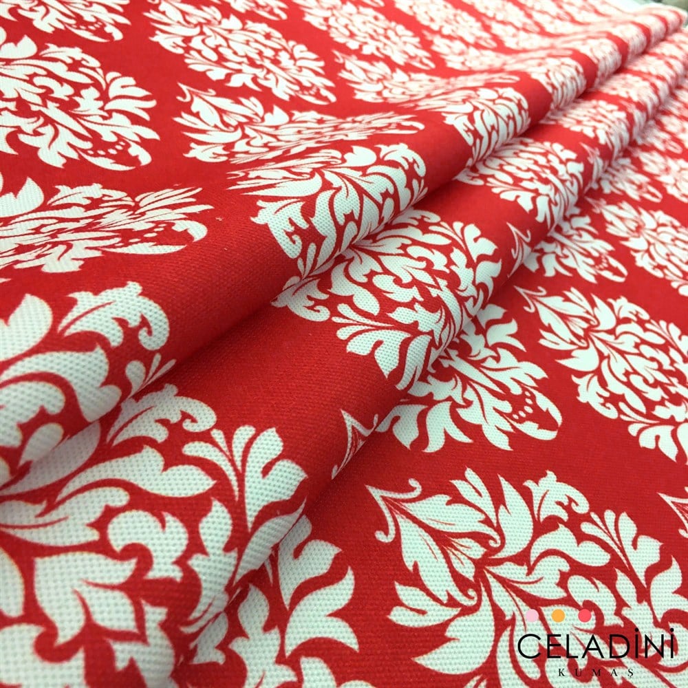 Kırmızı Beyaz Damask Desenli Kumaş