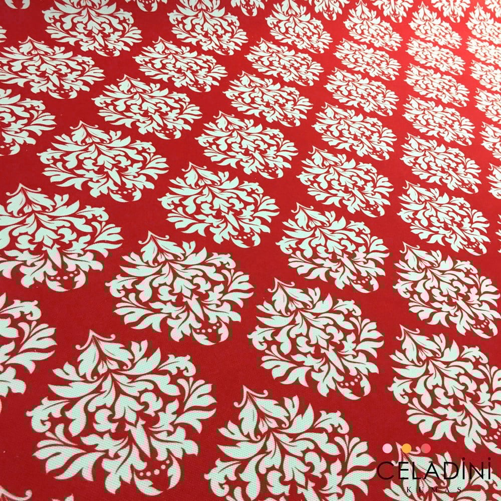 Kırmızı Beyaz Damask Desenli Kumaş