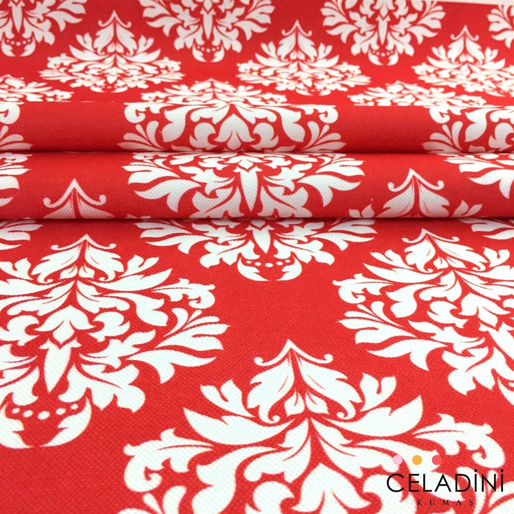 Kırmızı Beyaz Damask Desenli Kumaş