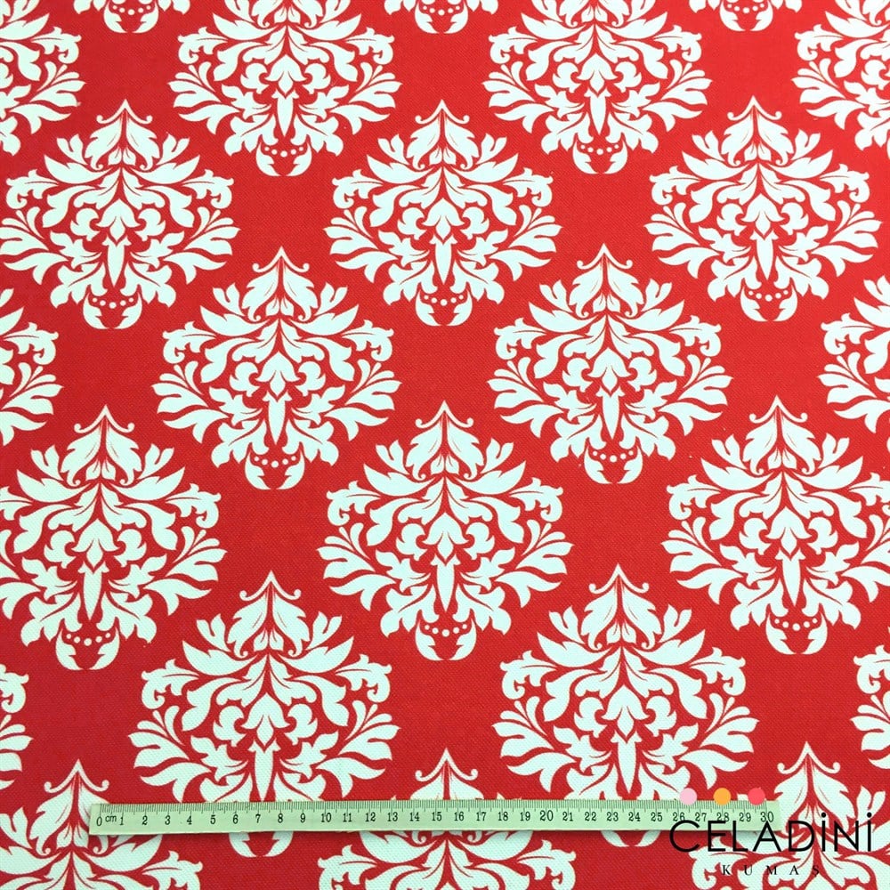 Kırmızı Beyaz Damask Desenli Kumaş