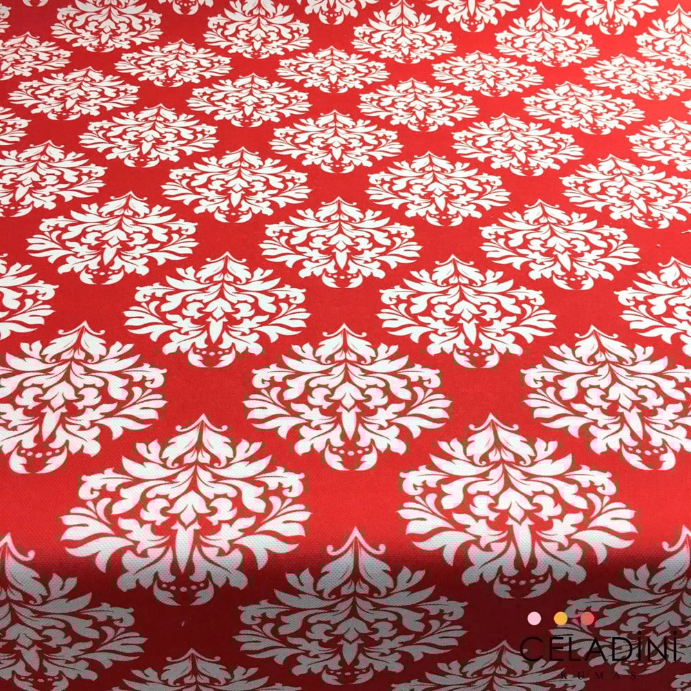 Kırmızı Beyaz Damask Desenli Kumaş