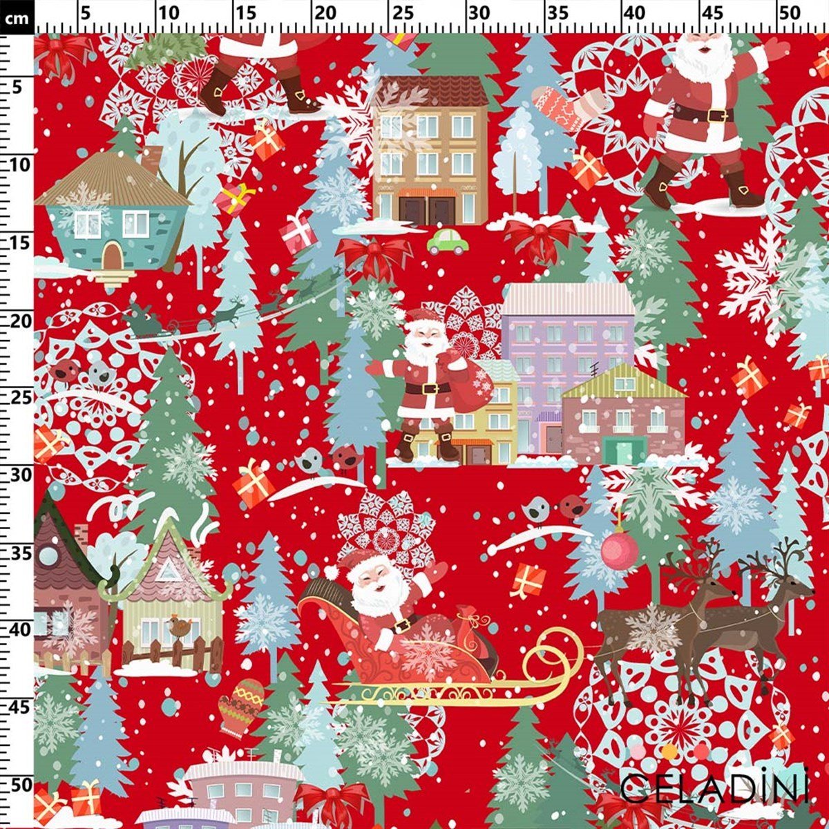 Kırmızı Beyaz Noel Baba Desenli Yılbaşı Kumaşı