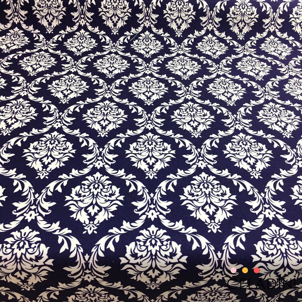 Lacivert Beyaz Büyük Damask Desenli Kumaş