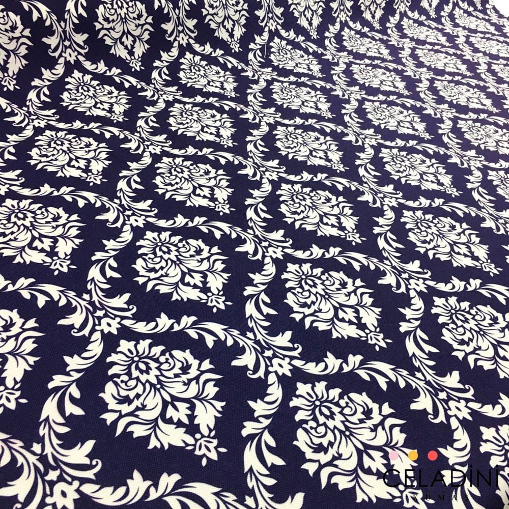 Lacivert Beyaz Büyük Damask Desenli Kumaş