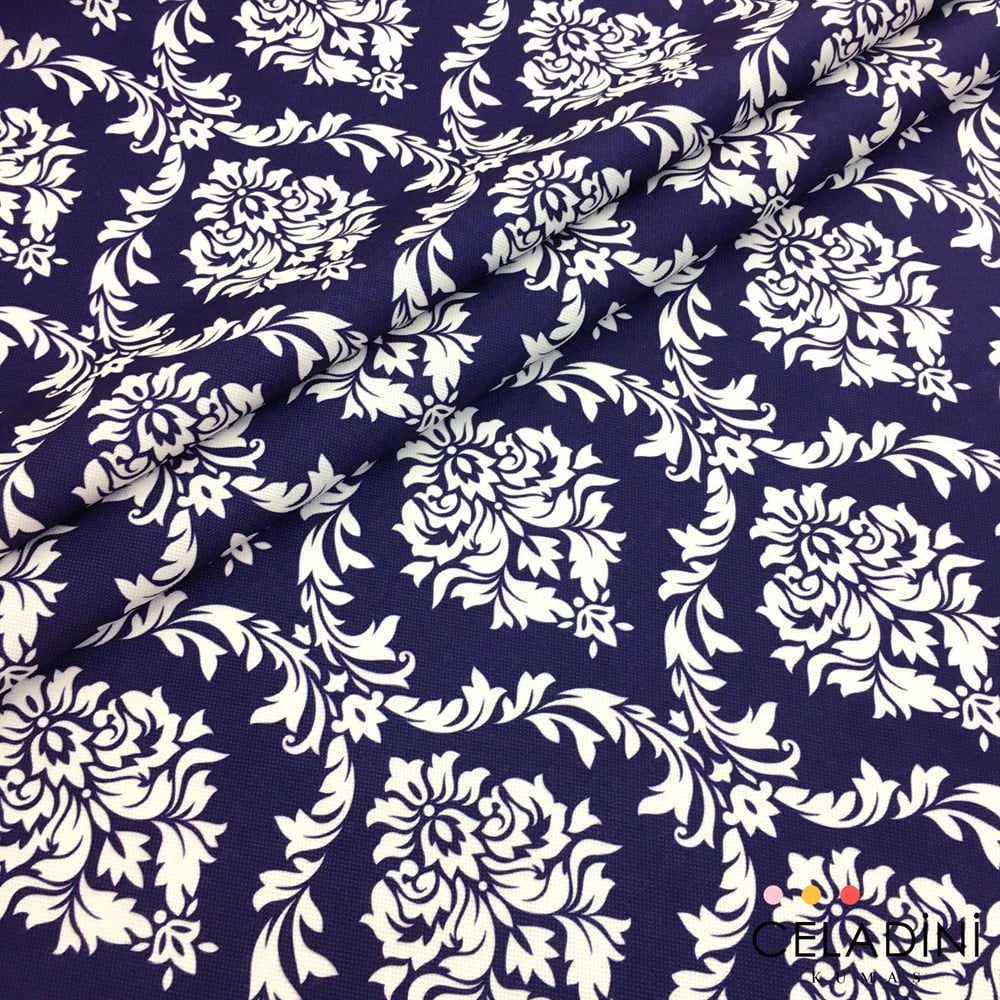 Lacivert Beyaz Büyük Damask Desenli Kumaş