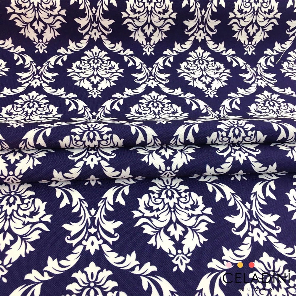 Lacivert Beyaz Büyük Damask Desenli Kumaş