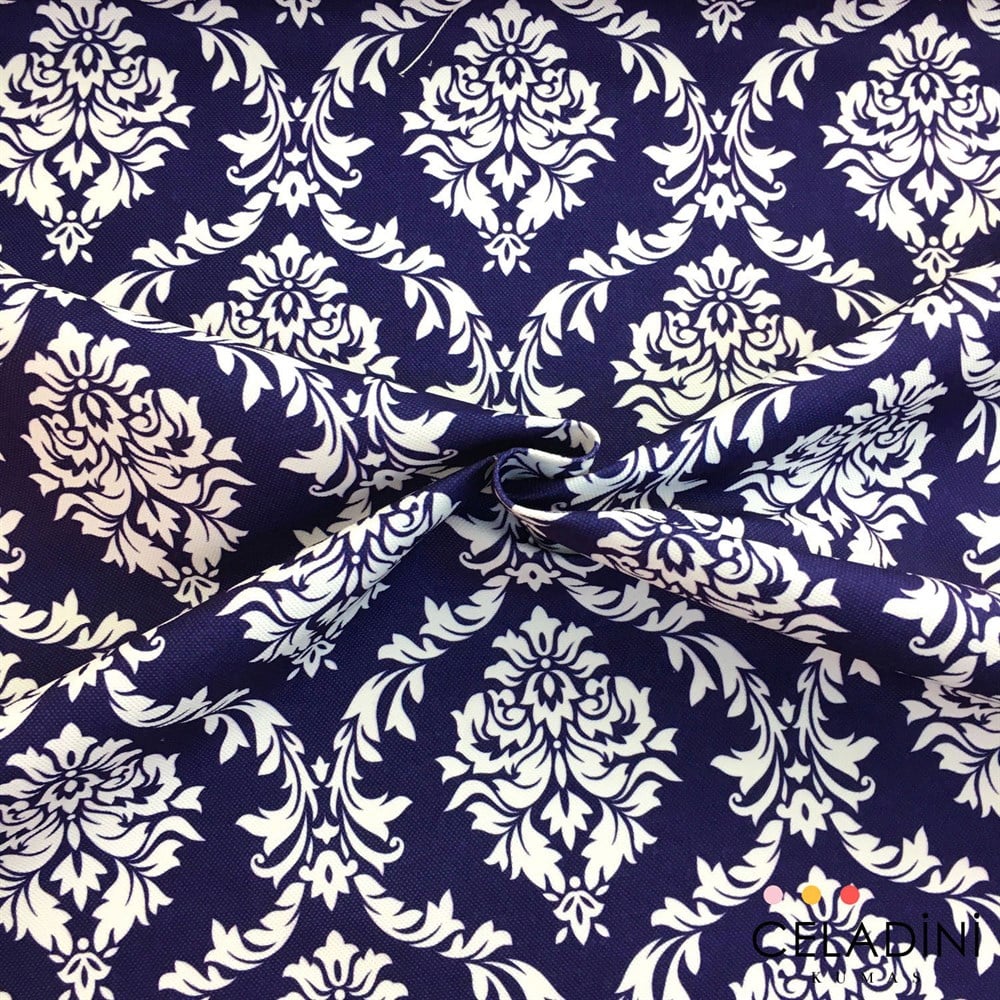Lacivert Beyaz Büyük Damask Desenli Kumaş