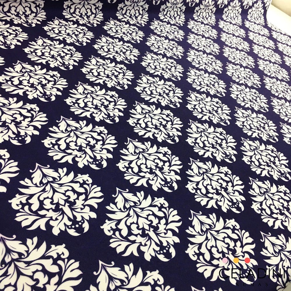Lacivert Beyaz Damask Desenli Kumaş