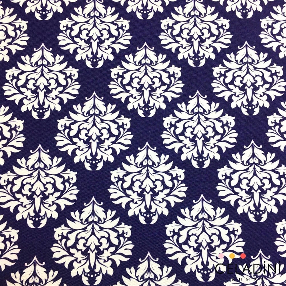 Lacivert Beyaz Damask Desenli Kumaş