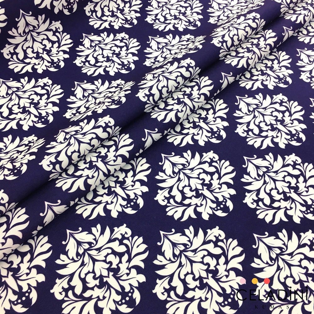 Lacivert Beyaz Damask Desenli Kumaş