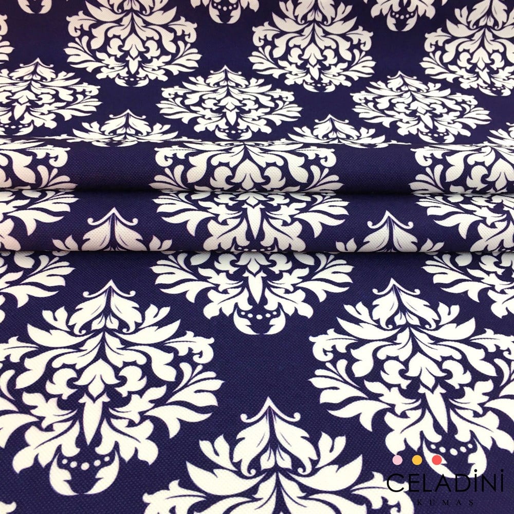 Lacivert Beyaz Damask Desenli Kumaş