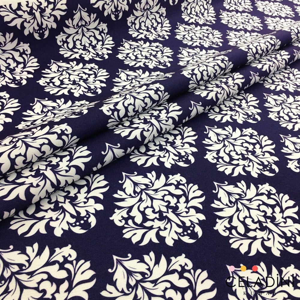 Lacivert Beyaz Damask Desenli Kumaş